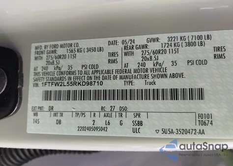 2024 Ford F-150 Stx из США, поврежденный, VIN 1FTFW2L55RKD98710